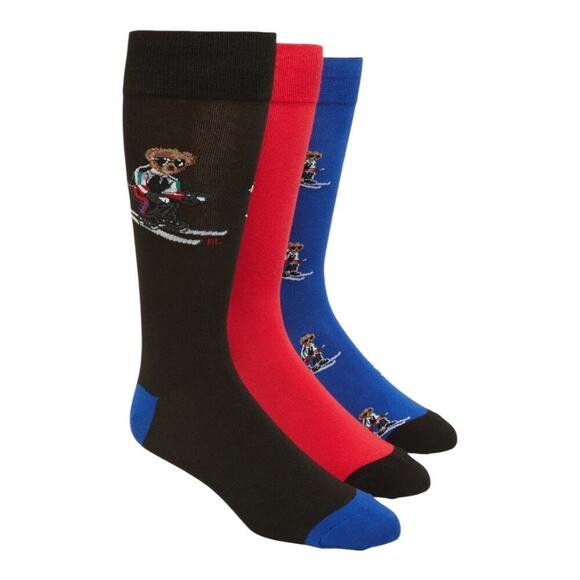 Polo Ralph Lauren Sporty Skier Bear 3-Pack Gift Boxed Men’s Crew Socks NEW/NIB!! - Picture 2 of 7